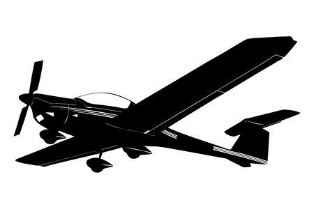 A silhouette of a small plane preparing to land isolated against white backgroundの写真素材