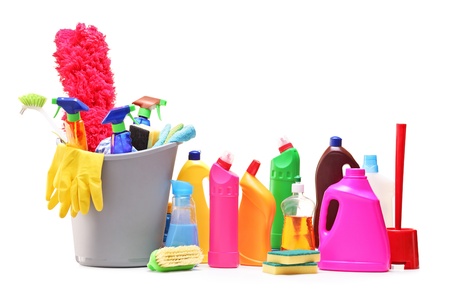 Cleaning supplies isolated on white backgroundの写真素材