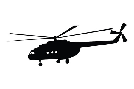 Silhouette of a helicopter in flight isolated on white backgroundの写真素材