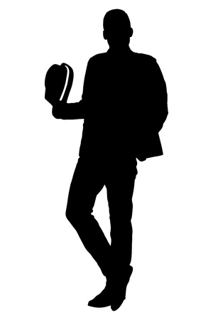 A silhouette of a full length portrait of a young man holding a hat isolated on white backgroundの写真素材