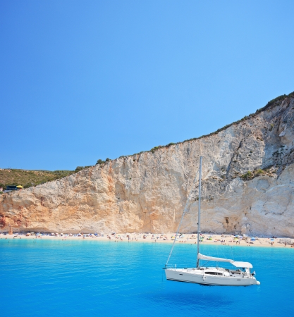 Yacht anchored  at Porto Katsiki beach on the island of Lefkada, Greeceの写真素材