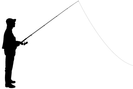 Silhouette of a fisherman holding a fishing pole isolated on whiteの写真素材