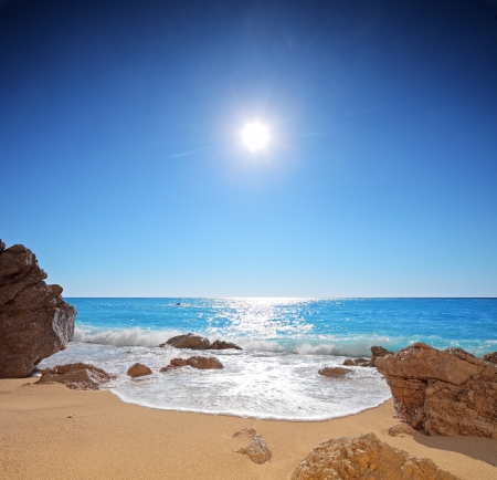 A panorama from the sandy beach of Porto Katsiki on the island Lefkada, Greeceの写真素材