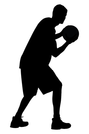 A silhouette of a basketball player with ball isolated on white backgroundの写真素材