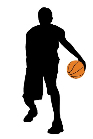 Full length portrait of a basketball player with basketball isolated on white backgroundの写真素材