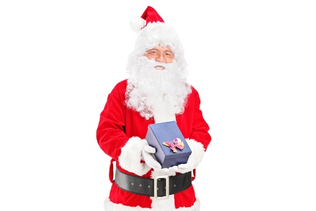 A happy santa claus with a giftbox in his hands isolated on white backgroundの写真素材
