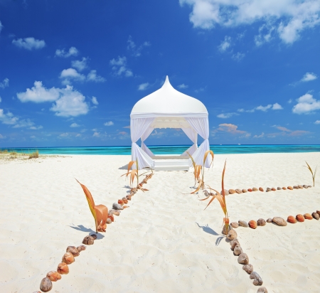 View of a wedding tent on a beach at Kuredu island, Maldives, Lhaviyani atoll の写真素材