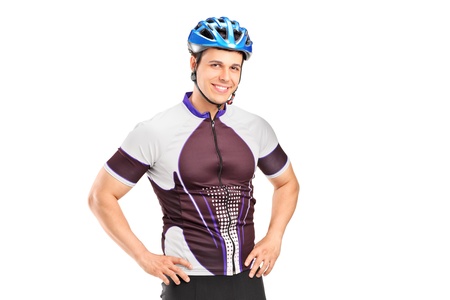 A male biker wearing helmet and posing isolated on white backgroundの写真素材