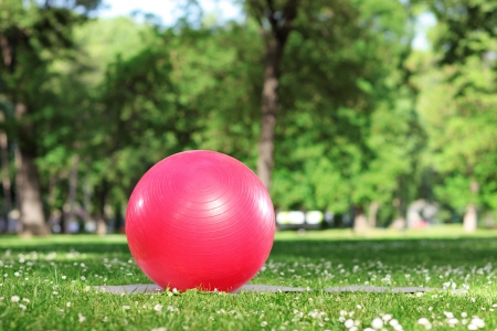 Red pilates ball on a green grass in a parkの写真素材
