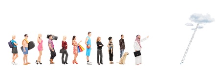 Full length portraits of people in a queue waiting to climb a ladder with clouds, isolated on white...