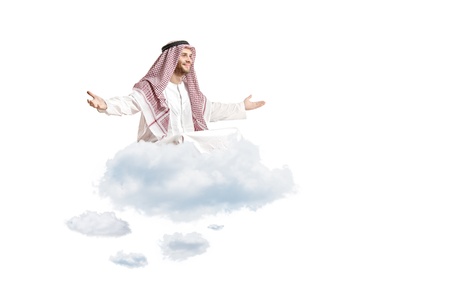 Young arab person sitting on a cloud isolated on white background