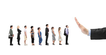 People waiting in line and a hand gesturing stop isolated on white background