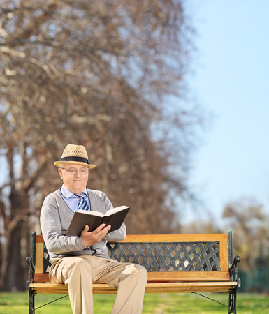 Senior sitting on bench and reading a book in park shot with tilt and shift lensの写真素材