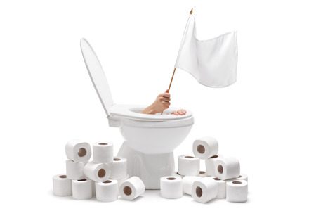 Hand arising from a toilet and holding a white flag isolated on white backgroundの写真素材