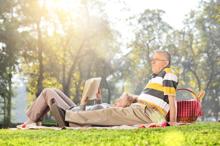 Mature couple relaxing on a picnic in park on a beautiful sunny dayの写真素材