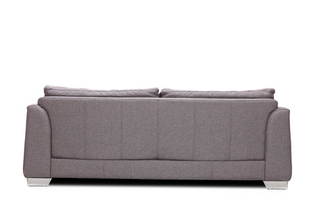 Rear view studio shot of a modern gray sofa isolated on white background Rear view studio shot of a modern gray sofa isolated on white background
