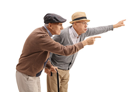 Two elderly men arguing with someone isolated on white backgroundの写真素材