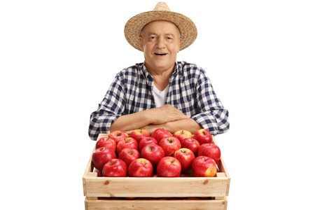 Cheerful mature farmer behind a crate filled with apples isolated on white backgroundの写真素材