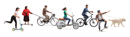 Many people with a different type of transportation, riding bicycle, motorbike, scooter, skateboard,...