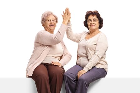 Elderly female frends sitting on a panel high-fiving each other and looking at the camera isolated on white backgroundの写真素材