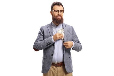 Bearded man putting money in his suit pocket isolated on white background