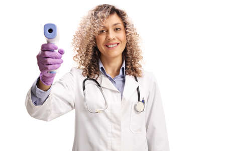 Female doctor measuring temperature isolated on white background