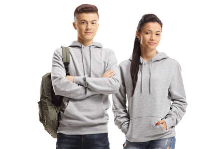 Students standing and looking at the camera isolated on white backgroundの写真素材