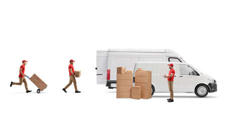 Workers from a cargo company loading boxes in vans isolated on white background