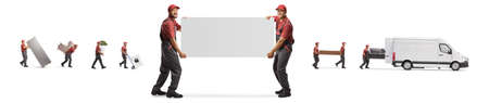 Movers carrying blank panel and putting household items in a white van isolated on white background
