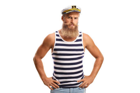 Serious young sailor captain with beard and moustaches isolated on white background