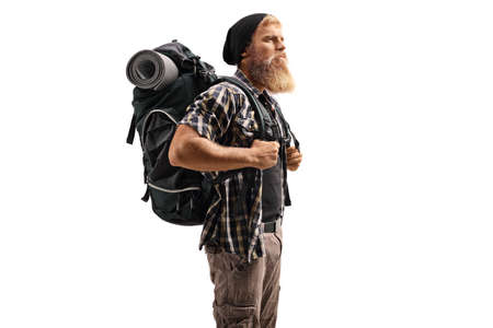 Bearded man hiker with a backpack isolated on white background
