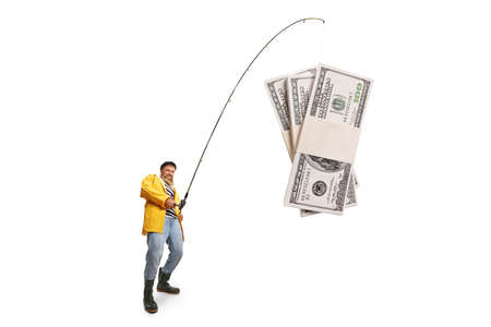 Fisherman catching money with a fishing pole isolated on white backgroundの写真素材