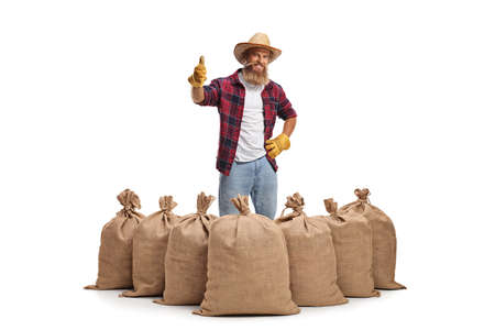 Cheerful bearded farmer standing behind burlap sacks and showing thumbs up isolated on white backgroundの写真素材