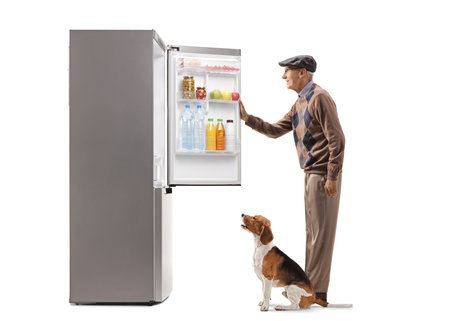 Full length profile shot of an elderly man and a beagle dog in front of a fridge isolated on white backgroundの写真素材