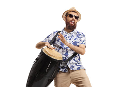 Man playing conga drums and singing isolated on white backgroundの写真素材