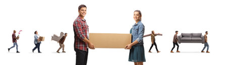 Young man and woman carrying a box and people carrying household items in the back isolated on white...