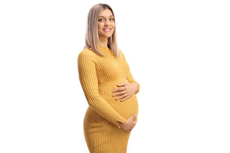 Pregnant woman holding her belly isolated on white background
