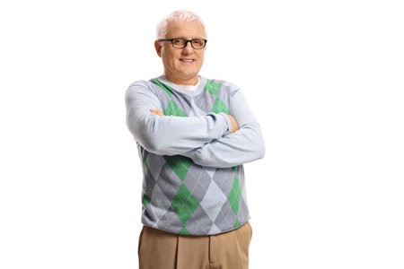 Mature man with white hair and glasses posing isolated on white background