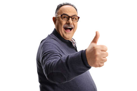 Happy and excited mature man gesturing a thumb up sign isolated on white background