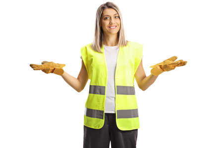 Female community worker gesturing with hands isolated on white background