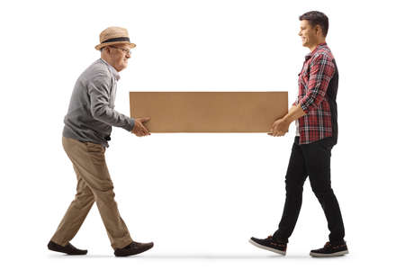 Young and elderly man carrying a cardboard box isolated on white background