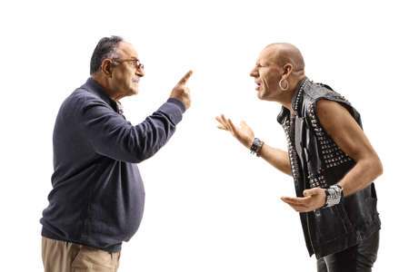 Mature man and a punk having an argument isolated on white backgroundの写真素材