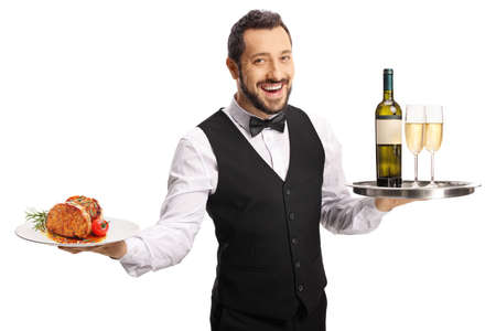 Waiter carrying a plate with steak and a tray with wine isolated on white backgroundの写真素材