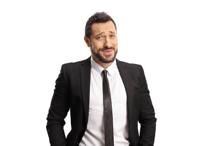 Amazed businessman making a face expression isolated on white backgroundの写真素材