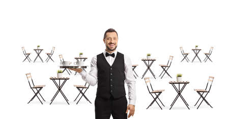 Waiter with coffee cups on a tray in a cafe with empty tables isolated on white backgroundの写真素材