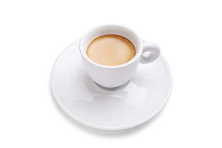 Studio shot of espresso coffee in a white cup isolated on white backgroundの写真素材