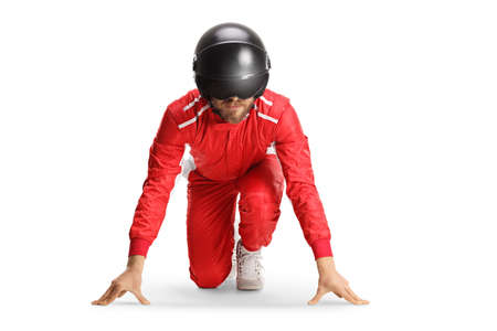 Car racer in a start running position isolated on white background