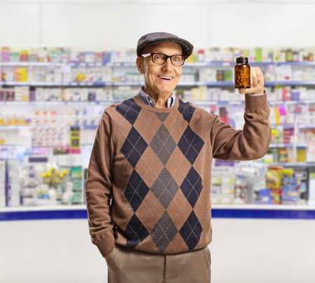 Elderly man holding a bottle of pills inside a chemist storeの写真素材