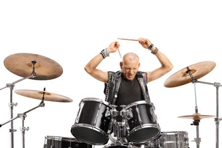 Bald man playing drums isolated on white backgroundの写真素材
