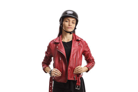 Cool female biker with a helmet standing and posing isolated on white background